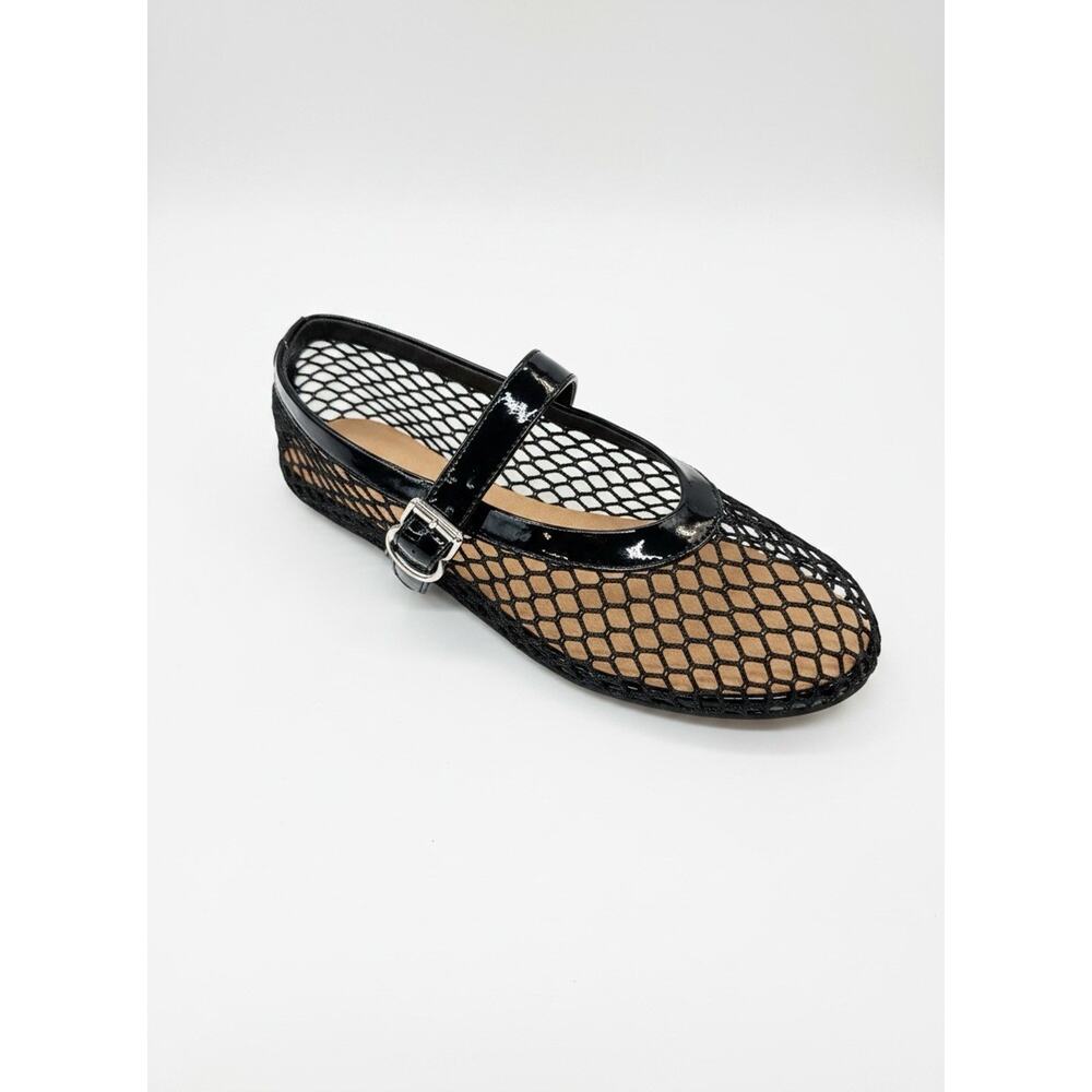 Vimitty Black Mesh Mary Jane Ballet Flats Shoes Fishnet Patent Strap Sz 37